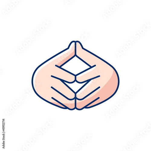Steeple hand gesture RGB color icon. Feel confident about what is going on. Communication elements. Rhetorical devices. Self confidence. Finger-tips touching each other. Isolated vector illustration