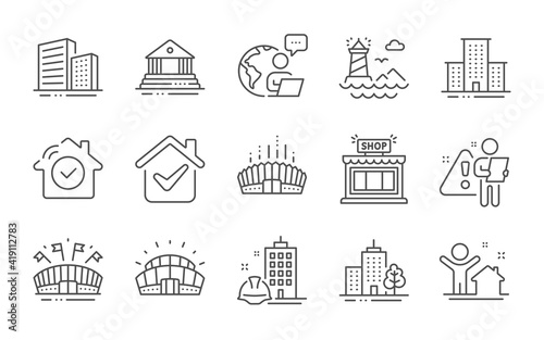 Construction building, Arena stadium and Lighthouse line icons set. Sports stadium, Buildings and Court building signs. Skyscraper buildings, Sports arena and New house symbols. Line icons set. Vector