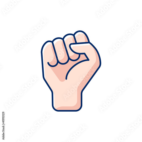 Clenched fist RGB color icon. Demonstration of power. Communication elements. Rhetorical devices. Boxing sign. Sign of fight for rights. Social and political movement. Isolated vector illustration