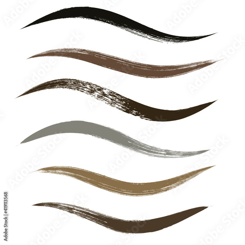 Makeup strokes, Set of mascara smudge, makeup eye pencil swatches, Beauty and cosmetic black brush smudges vector background. smear make up lines collection, liquid make up texture isolated on white.