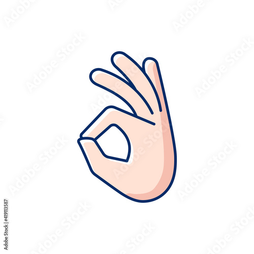 Okay gesture RGB color icon. Sign or ring gesture. Perfect. Communication elements. Rhetorical devices. Circle made from index and thumb. Army gestures. Isolated vector illustration