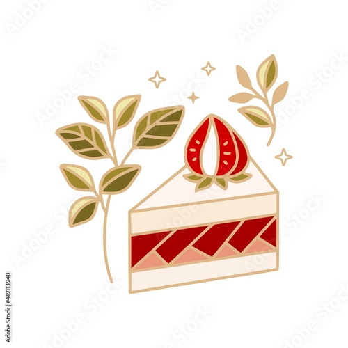 Hand drawn cake, pastry, bakery and cafe logo elements with floral leaf and strawberry fruit isolated on white background