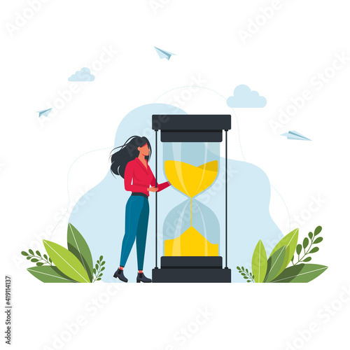 Hurrying woman and stopwatch. Concept of time management, effective planning for productive work, stressful task, deadline, countdown. Modern flat colorful vector illustration for poster, banner.