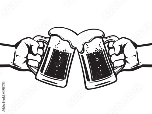 Two hands holding toasting beer mugs, Cheers. Clinking glass tankards full of beer and foam. Black vector illustration isolated on white background.