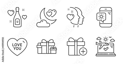 Love champagne  Airplane travel and Love night line icons set. Weather phone  Heart and Holiday presents signs. Add gift symbol. Valentines day  Check in  Romantic evening. Holidays set. Vector
