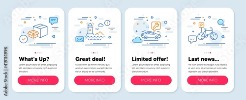 Set of Transportation icons, such as Car service, Packing boxes, Lighthouse symbols. Mobile app mockup banners. Bicycle parking line icons. Repair service, Delivery box, Navigation beacon. Vector