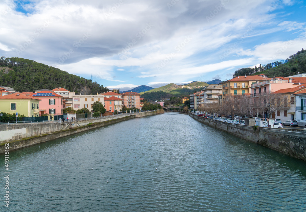 The Petronio river flowing into the Ligurian Sea, in the bay of Riva Trigoso, Sestri Levante, Genoa, Italy