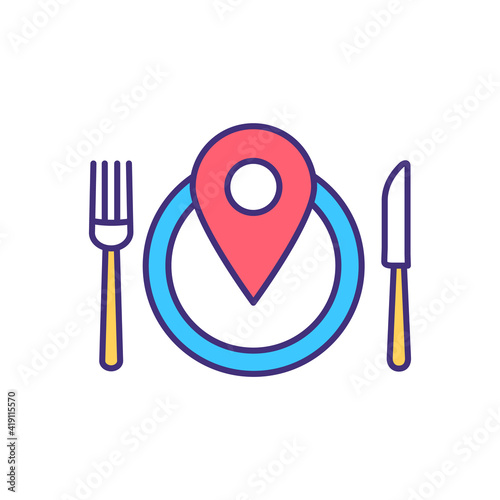 Food travel RGB color icon. Local restaurant and cafe. Street food. Culinary tourism. Fine dining. Cuisine and table pleasures exploration. Gastronomic tour. Isolated vector illustration