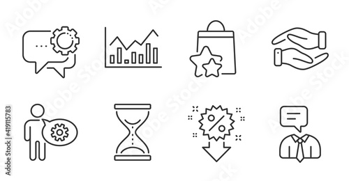 Support service, Time hourglass and Employees messenger line icons set. Infochart, Helping hand and Discount signs. Cogwheel, Loyalty points symbols. Human talking, Sand watch, Speech bubble. Vector