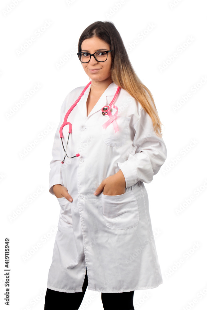 Caucasian doctor woman with pink stethoscope Caucasian doctor woman with pink stethoscope