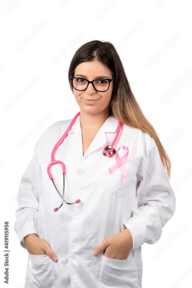 Caucasian doctor woman with pink stethoscope Caucasian doctor woman with pink stethoscope