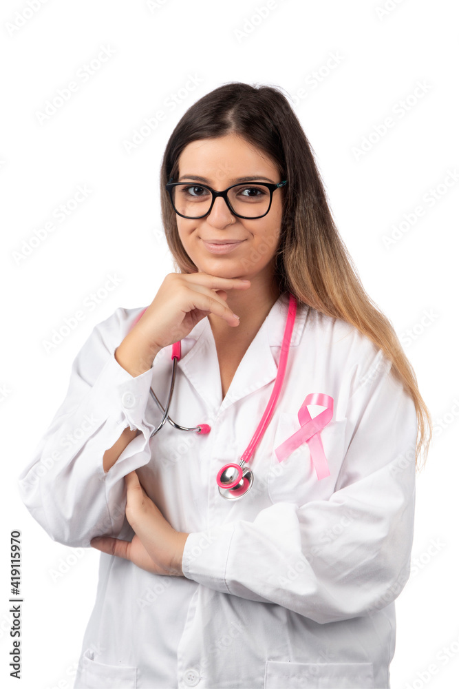 Caucasian doctor woman with pink stethoscope Caucasian doctor woman with pink stethoscope