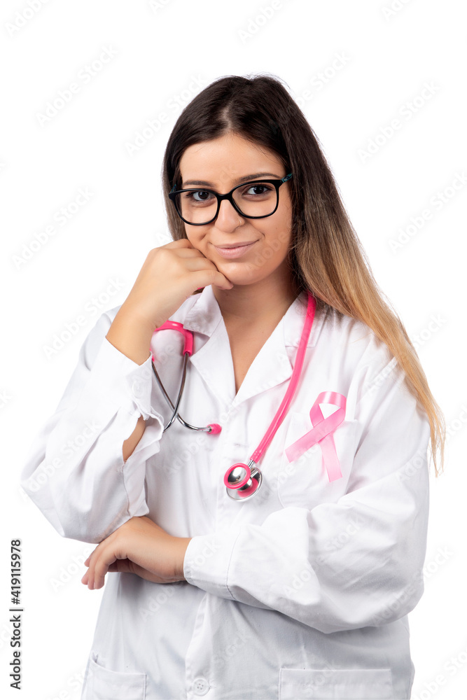 Caucasian doctor woman with pink stethoscope Caucasian doctor woman with pink stethoscope