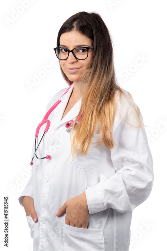 Caucasian doctor woman with pink stethoscope