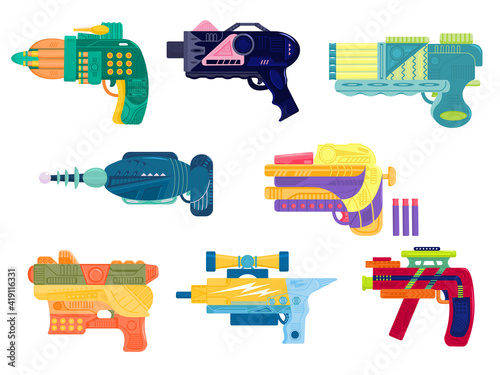  Set of colorful blasters in flat style