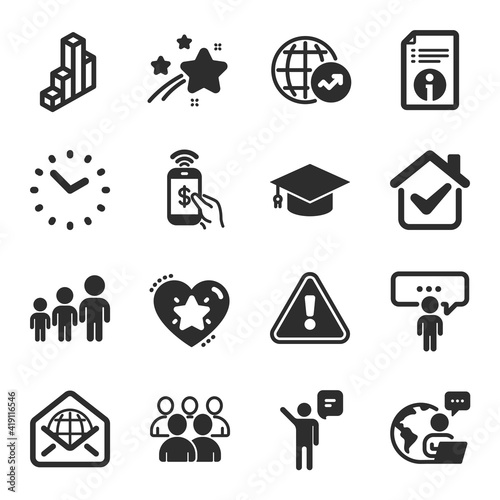 Set of Education icons, such as Business hierarchy, Technical info, Phone payment symbols. Group, Agent, Ranking star signs. Consulting business, Graduation cap, World statistics. 3d chart. Vector