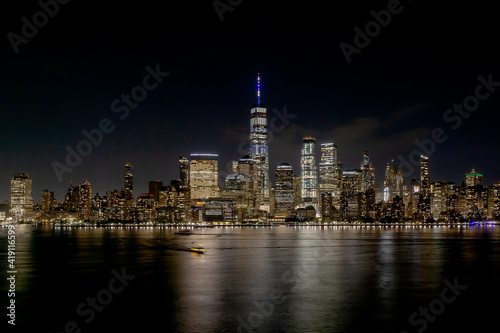 View of Lower Manhattan skyline and Financial District New York City taken from Jersey City  New Jersey showing the Hudson River