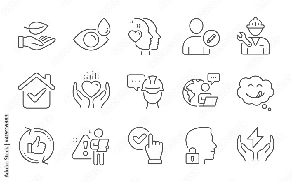 Edit user, Safe energy and Refresh like line icons set. Hold heart, Foreman and Unlock system signs. Checkbox, Leaf and Yummy smile symbols. Heart, Eye drops and Repairman. Line icons set. Vector