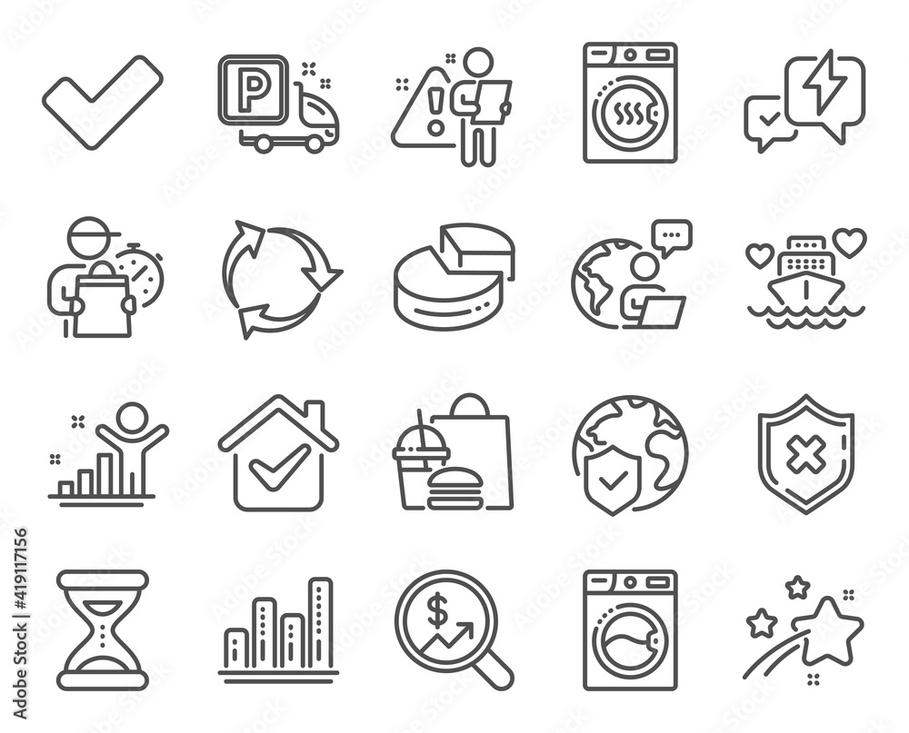 Business icons set. Included icon as Honeymoon cruise, Currency audit, Pie chart signs. Lightning bolt, Tick, Washing machine symbols. Time, World insurance, Graph chart. Truck parking. Vector Business icons set. Included icon as Honeymoon cruise, Currency audit, Pie chart signs. Lightning bolt, Tick, Washing machine symbols. Time, World insurance, Graph chart. Truck parking. Vector