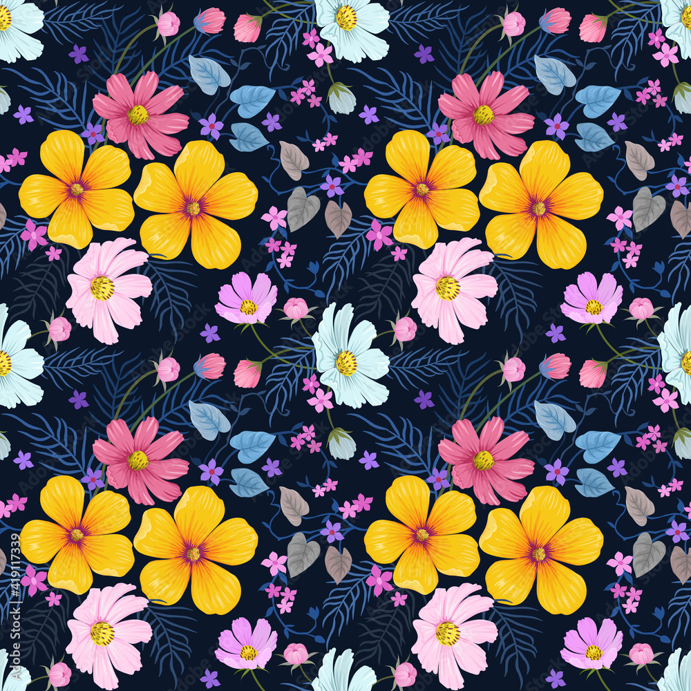 Colorful hand draws flowers and leaves on black background seamless pattern for fabric textile wallpaper and backdrop. Colorful hand draws flowers and leaves on black background seamless pattern for fabric textile wallpaper and backdrop.