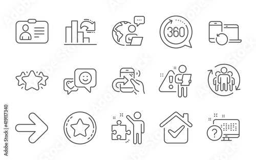Strategy, Next and Star line icons set. Id card, Decreasing graph and Share call signs. Loyalty star, 360 degrees and Teamwork symbols. Smile, Online quiz and Recovery devices. Line icons set. Vector