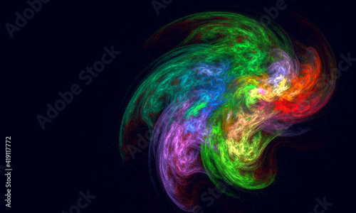 Multicolored fictional galaxy or nebula in dark deep space. Rainbow palette on black. Creative and fantastic banner, backdrop or template for any kind of fantasy design.