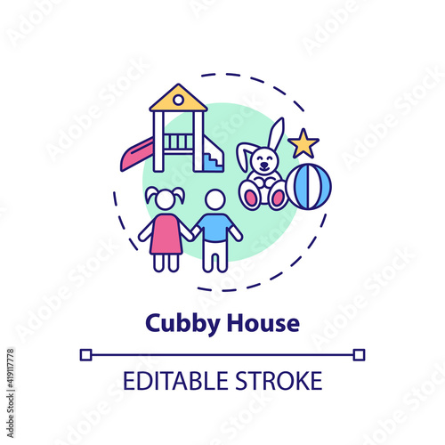 Cubby house concept icon. Outdoor family activities. Small play house or area for children. Place for fun idea thin line illustration. Vector isolated outline RGB color drawing. Editable stroke