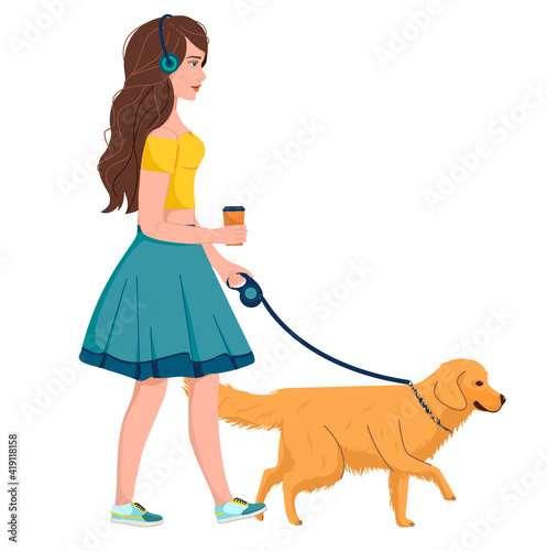 Girl with her dog walking and listening to music