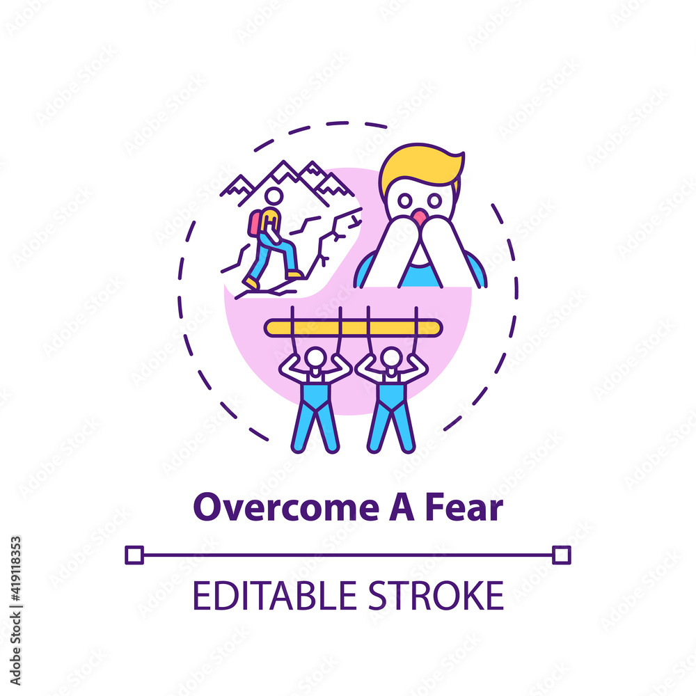 Overcome a fear concept icon. Family bonding tips. Afraid of changing lifestyle. Positive imagination idea thin line illustration. Vector isolated outline RGB color drawing. Editable stroke Overcome a fear concept icon. Family bonding tips. Afraid of changing lifestyle. Positive imagination idea thin line illustration. Vector isolated outline RGB color drawing. Editable stroke
