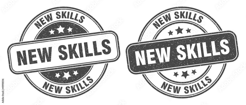 new skills stamp. new skills label. round grunge sign