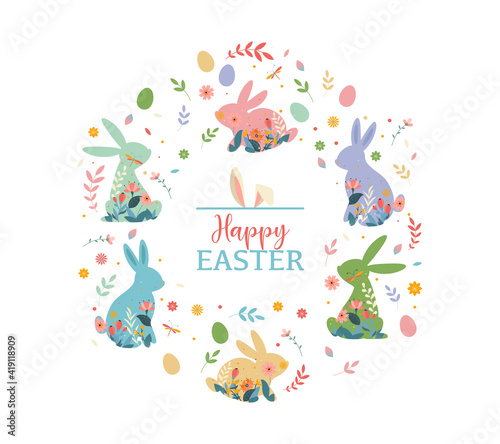 Happy Easter vector illustrations with bunnies of different colours  rabbits decorated with flowers on white background