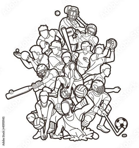 Sport Players Action Mix Cartoon Outline Graphic Vector