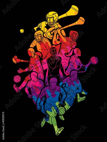 Gaelic Football and Hurling Sport Players Action Cartoon Graphic Vector