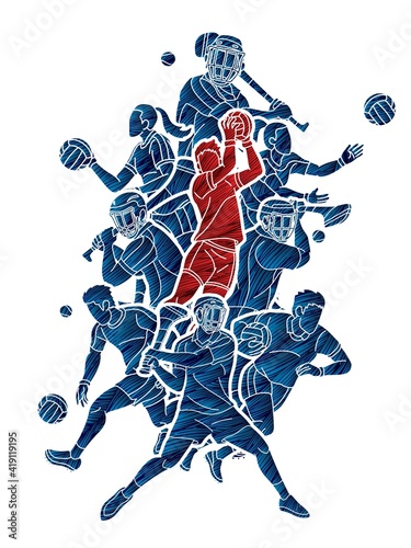 Gaelic Football and Hurling Sport Players Action Cartoon Graphic Vector