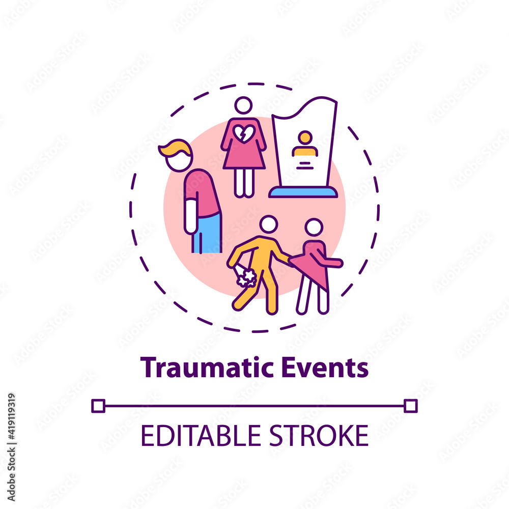 Traumatic events concept icon. Online family therapy types. Experiences that put person at risk of harm idea thin line illustration. Vector isolated outline RGB color drawing. Editable stroke