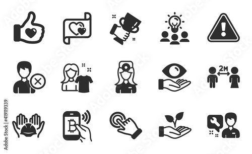 Like hand, Clean shirt and Business idea icons simple set. Helping hand, Winner cup and Bitcoin pay signs. Social distancing, Repairman and Touchscreen gesture symbols. Flat icons set. Vector