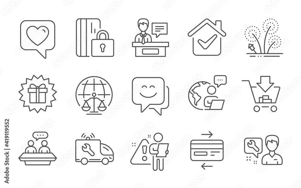 Surprise gift, Exhibitors and Blocked card line icons set. Employees talk, Magistrates court and Repairman signs. Car service, Shopping and Credit card symbols. Line icons set. Vector
