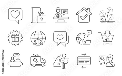 Surprise gift, Exhibitors and Blocked card line icons set. Employees talk, Magistrates court and Repairman signs. Car service, Shopping and Credit card symbols. Line icons set. Vector
