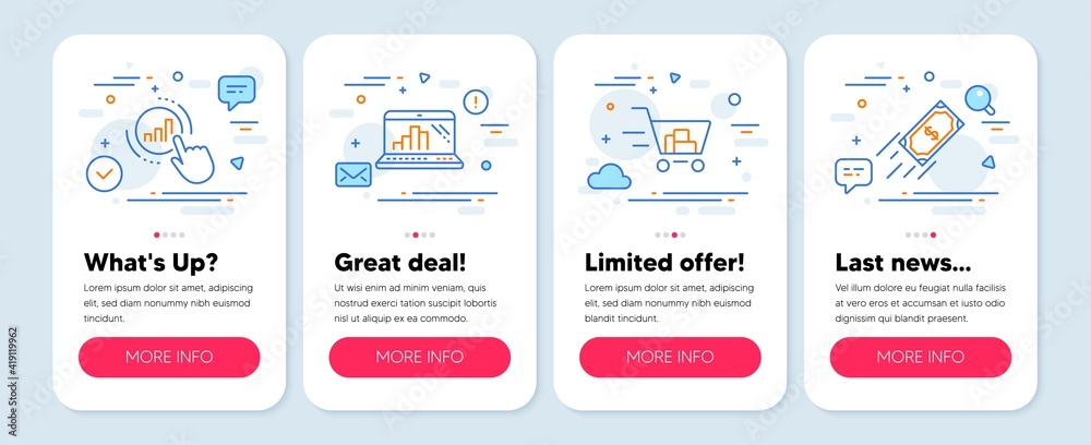 Set of Finance icons, such as Graph laptop, Shopping cart, Graph chart symbols. Mobile screen app banners. Fast payment line icons. Mobile report, Online buying, Get report. Finance transfer. Vector