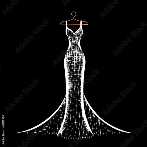 A beautiful wedding dress hangs on a hanger. Beauty and fashion. Background vector illustration template for invitation or card.