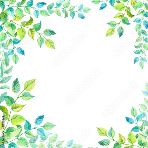 Frame of green leaves.Watercolor illustration with twigs on a white background.Can be used as greeting card, wedding invitation