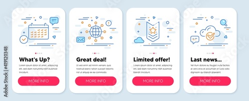Set of line icons, such as International globe, Calendar, Shoulder strap symbols. Mobile screen app banners. Cloud computing line icons. World networking, Business audit, Star rank. Vector