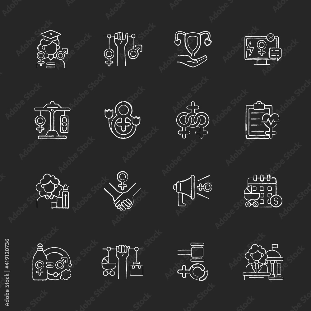 Women in government chalk white icons set on black background. Paid maternity leave. Feminism. Feminist advocacy. Equal education opportunities.Isolated vector chalkboard illustrations