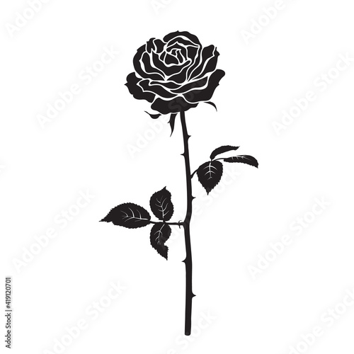 Black silhouette of rose flower with leaves and stem isolated on white background. Vector illustration.