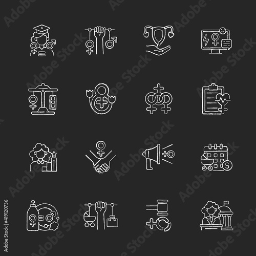 Women in government chalk white icons set on black background. Paid maternity leave. Feminism. Feminist advocacy. Equal education opportunities.Isolated vector chalkboard illustrations