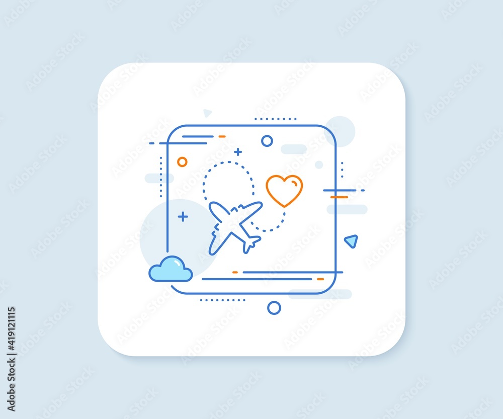 Honeymoon travel line icon. Abstract square vector button. Love trip sign. Valentines day flight symbol. Honeymoon travel line icon. Quality concept badge. Vector