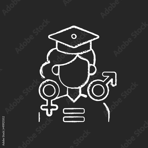 Equal education opportunities chalk white icon on black background. Feminism movement. Establishing social justice. Expansion of the rights of women. Isolated vector chalkboard illustration