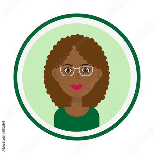 Female avatar. Cute black woman’s portrait on green background. Smiling girl face with long brown curly hair and glasses. Isolated vector illustration.