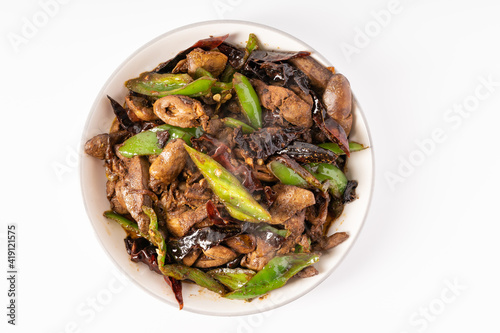 Stir-fried chicken liver and heart with chili peppers, a specialty of Northeast China