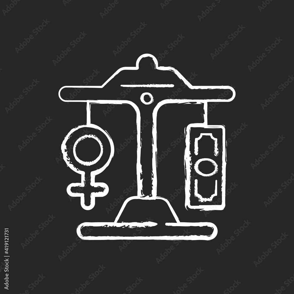 Equal pay chalk white icon on black background. Gender pay gap decrease. Difference between male and female earnings. Expansion of the rights of women. Isolated vector chalkboard illustration Equal pay chalk white icon on black background. Gender pay gap decrease. Difference between male and female earnings. Expansion of the rights of women. Isolated vector chalkboard illustration